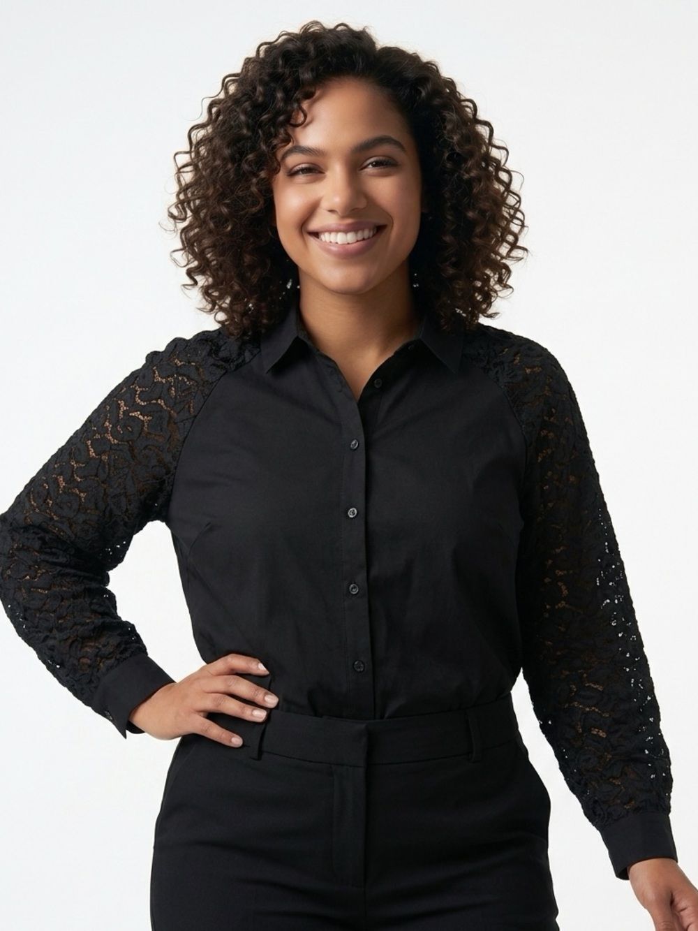 LAFAYETTE 148 | Lace Sleeve Button Front Black Top Women’s Size 18